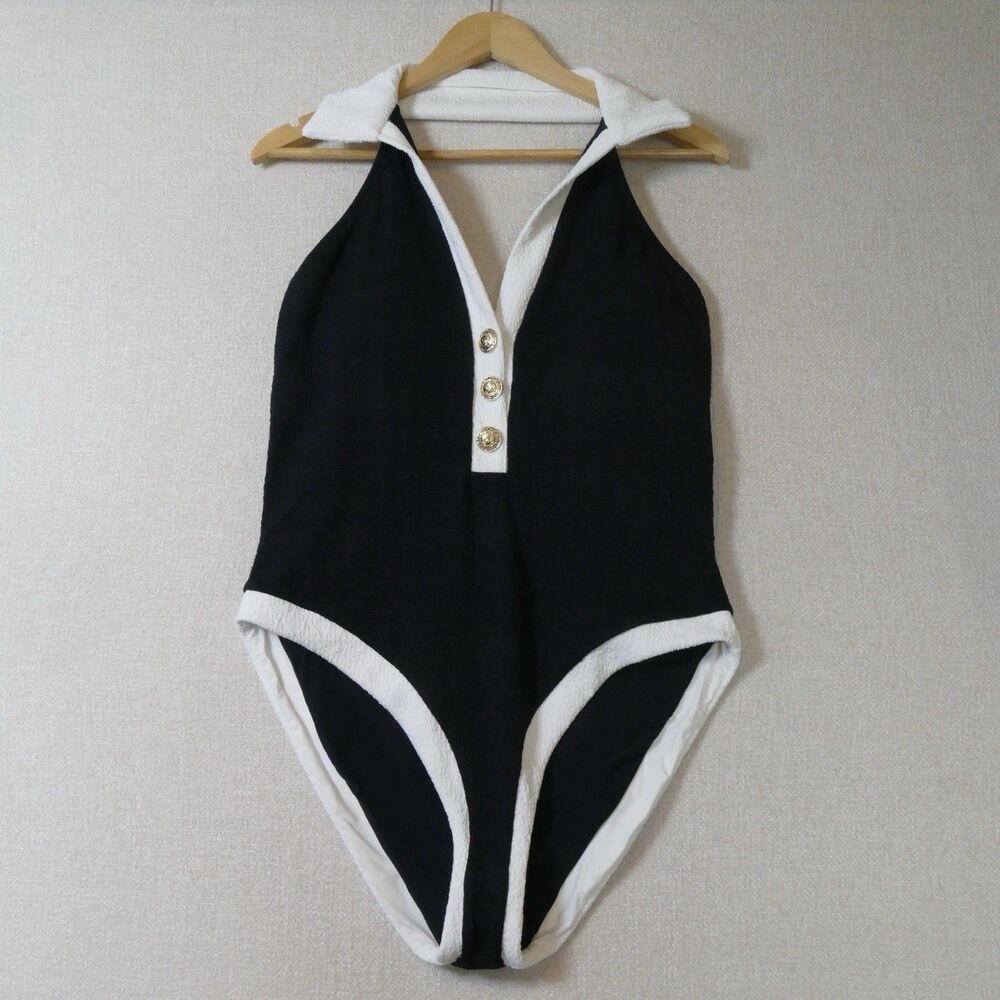 L'AGENCE Black and White Textured Halter One-Piece Swimsuit